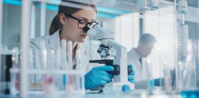 une femme qui regarde dans un microscope en dermatologie